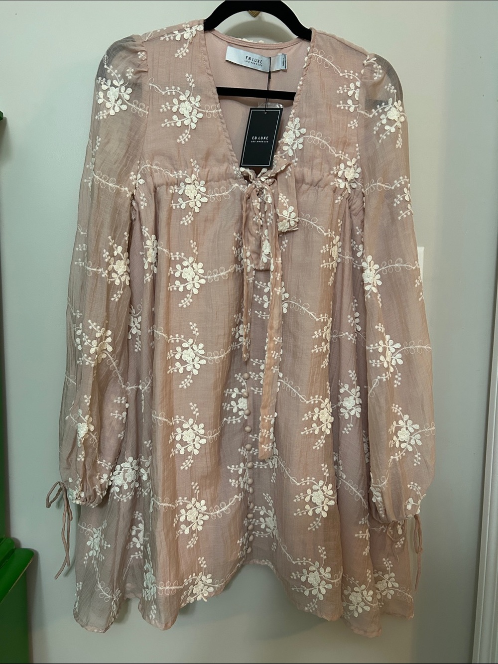 EB Luxe Crinkle Gauze Embroidered Mini Dress - Blush NWT